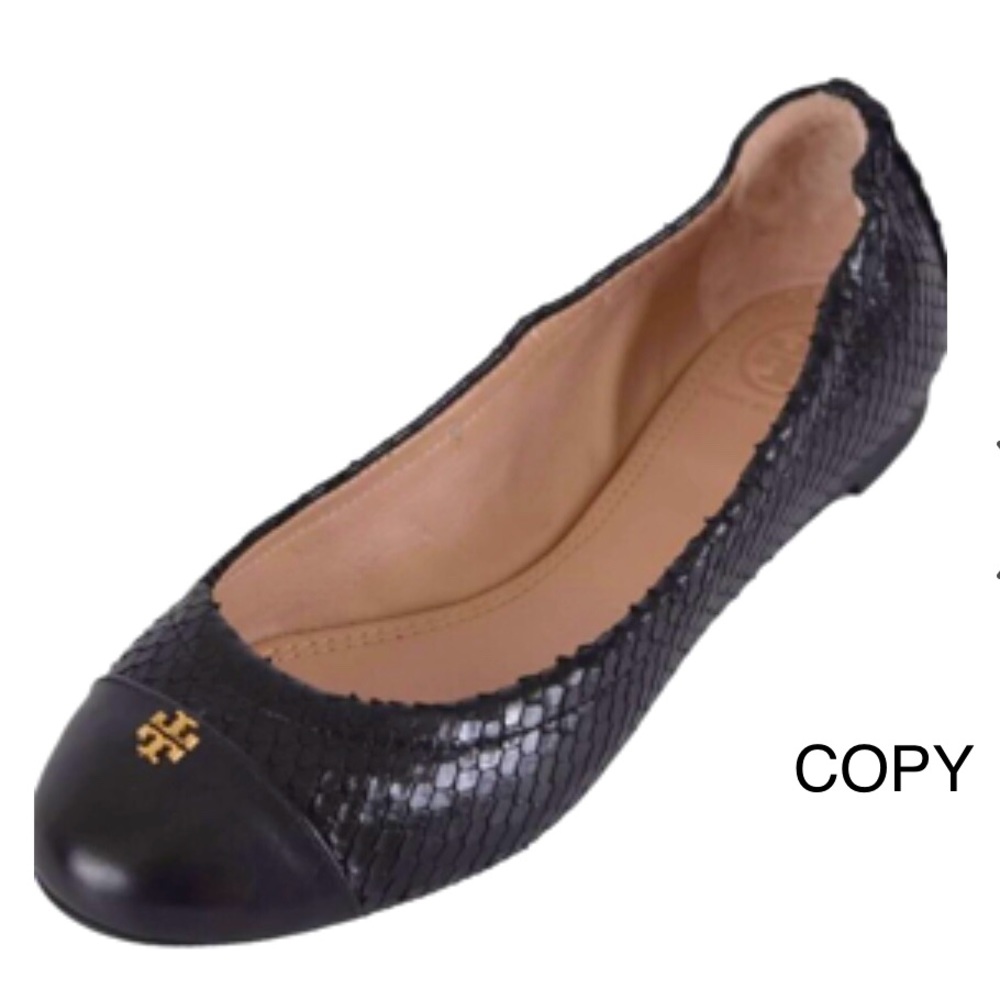 Tory Burch Black Textured Cap-Toe Ballet Flats with Gold Logo